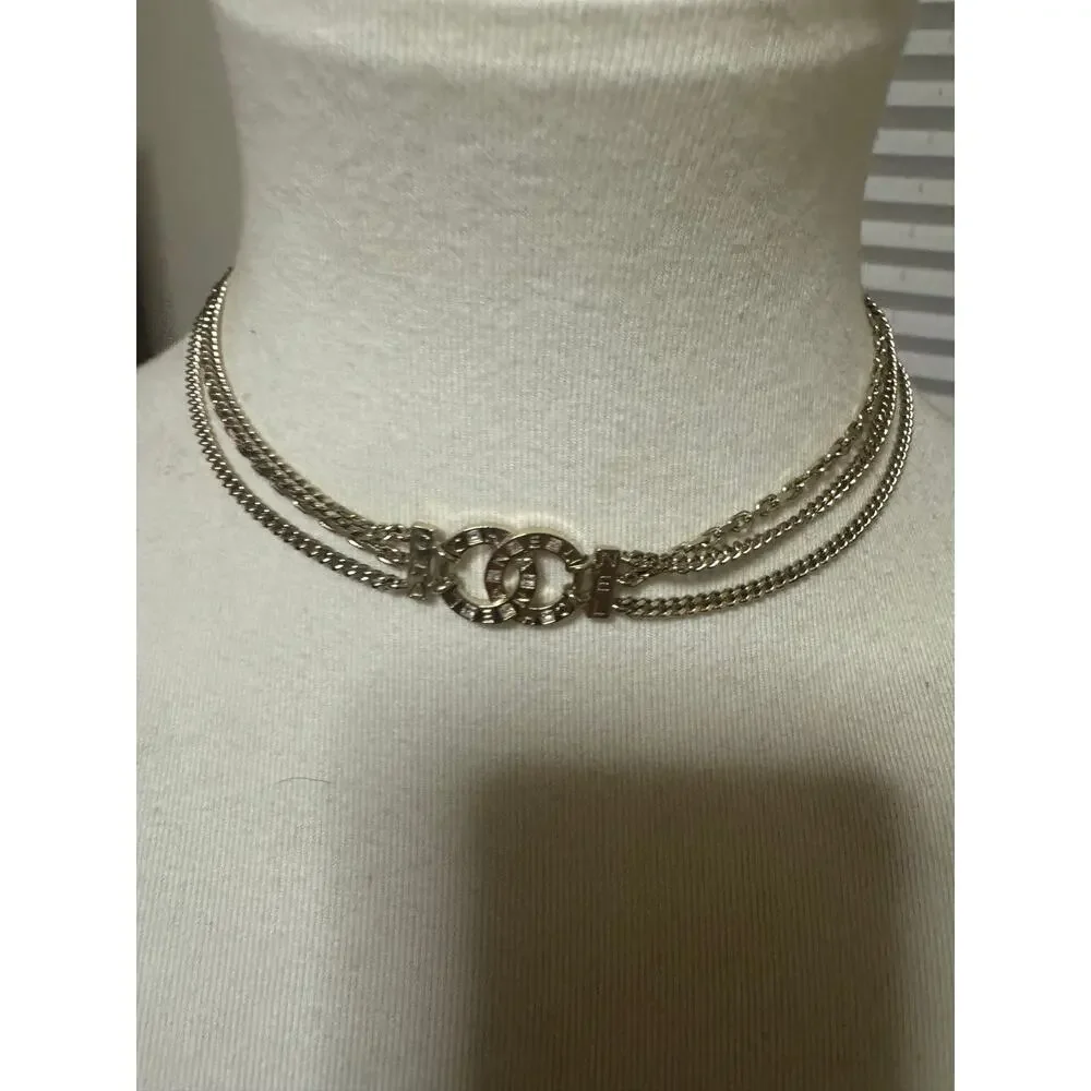 CHANEL 04A CC Logo Multi-Chain Choker Necklace Gold-Tone Strass “CHA NEL” w/ Box